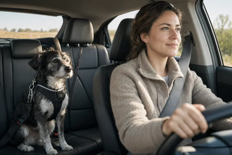 Ein Sanshu Hund sitzt sicher angeschnallt auf der Rückbank eines Autos, während der Besitzer ruhig fährt.