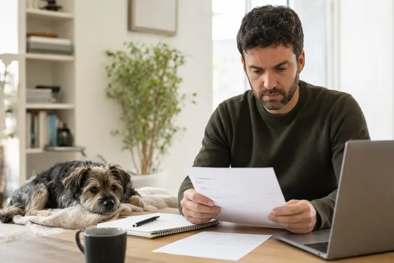 Ein Hundebesitzer sitzt mit einer Tierarztrechnung am Tisch, während ein entspannter Sanshu-Hund auf einer Decke daneben liegt und der Bildausschnitt die Hundekrankenversicherung im Alltag ruhig und realistisch zeigt.