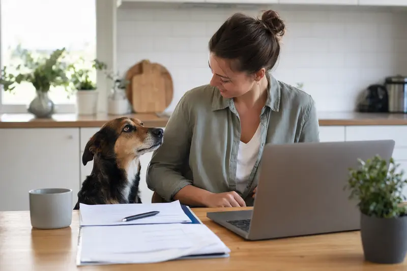 Ein Sanshu Hund sitzt ruhig neben seinem Besitzer am Küchentisch, während Versicherungsunterlagen und ein Laptop zur Hundeversicherung bereitliegen.