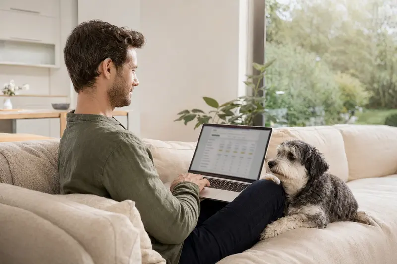 Ein Besitzer sitzt auf dem Sofa mit einem Sanshu Hund und einem Laptop, während er einen Versicherungsvergleich durchführt.