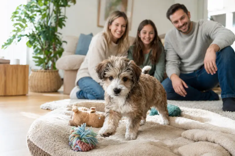 Junger Sanshu Welpe entdeckt neugierig sein neues Zuhause in einer hellen Wohnung mit weicher Decke und Spielzeug, während seine Familie im Hintergrund liebevoll zusieht.
