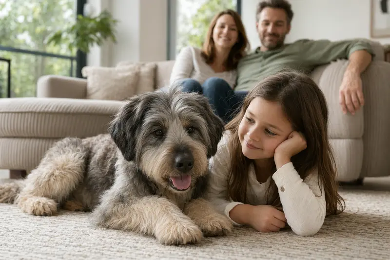 Ein freundlicher Sapsali Hund liegt entspannt neben einem Kind im hellen Wohnzimmer einer Familie.