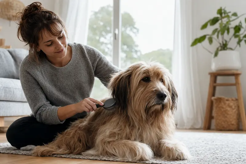 Ein Sapsali Hund wird in einer hellen Wohnung sanft gebürstet, während sein Besitzer liebevoll die Fellpflege übernimmt.