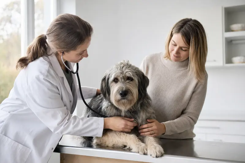 Eine Tierärztin untersucht einen ruhigen Sapsali Hund mit dem Stethoskop, während der Besitzer in einer modernen Tierarztpraxis beruhigend danebensteht.