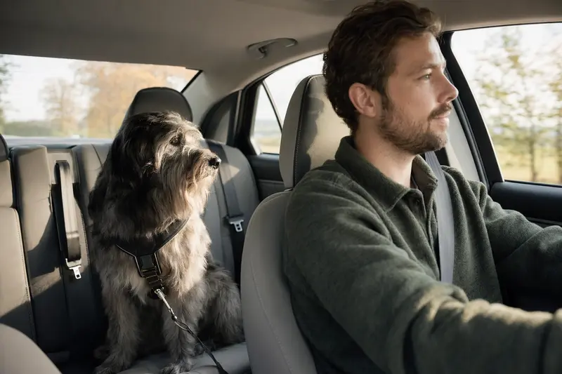 Ein Sapsali Hund sitzt sicher angeschnallt auf der Rückbank eines Autos, während der Besitzer ruhig fährt.