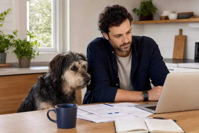 Ein Sapsali Hund sitzt ruhig neben seinem Besitzer am Küchentisch mit Versicherungsunterlagen und einem Laptop mit Vergleichsseite zur Tierkrankenversicherung.