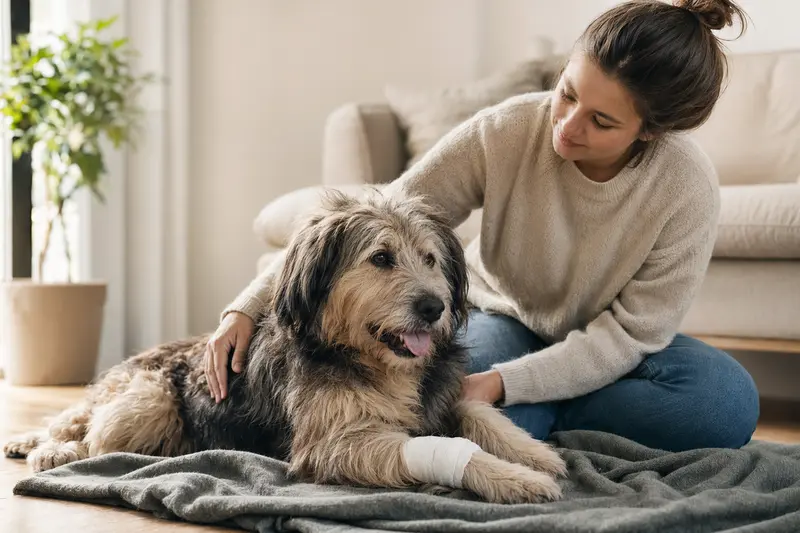 Sapsali Hund mit Verband an der Pfote liegt ruhig auf einer Decke neben seinem erleichterten Besitzer.