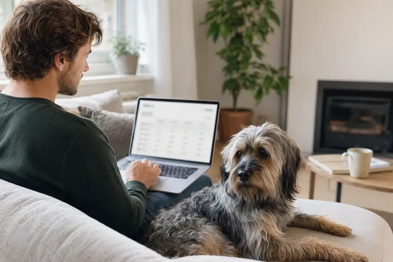 Ein Hundebesitzer sitzt mit einem Laptop auf dem Sofa, während ein Sapsali Hund neben ihm liegt und eine Versicherungsvergleichsseite auf dem Bildschirm zu sehen ist.