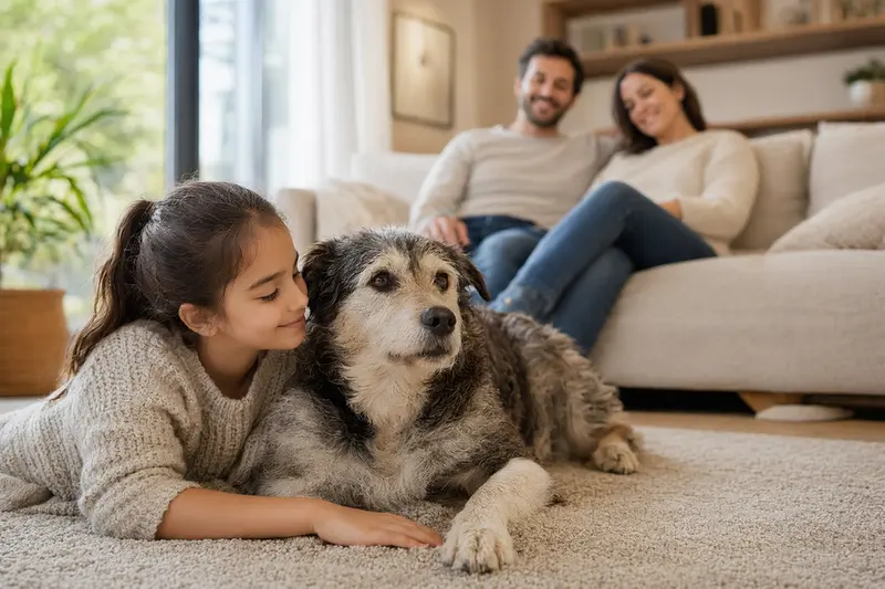 Ein freundlicher Sapsaree Hund liegt entspannt neben einem Kind im Wohnzimmer, während die Eltern im Hintergrund eine warme Familienszene bilden.