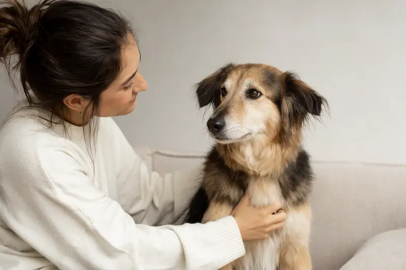 Ein Sapsaree Hund steht aufmerksam vor hellem Hintergrund in natürlicher Haltung und zeigt seine typische Fellstruktur.