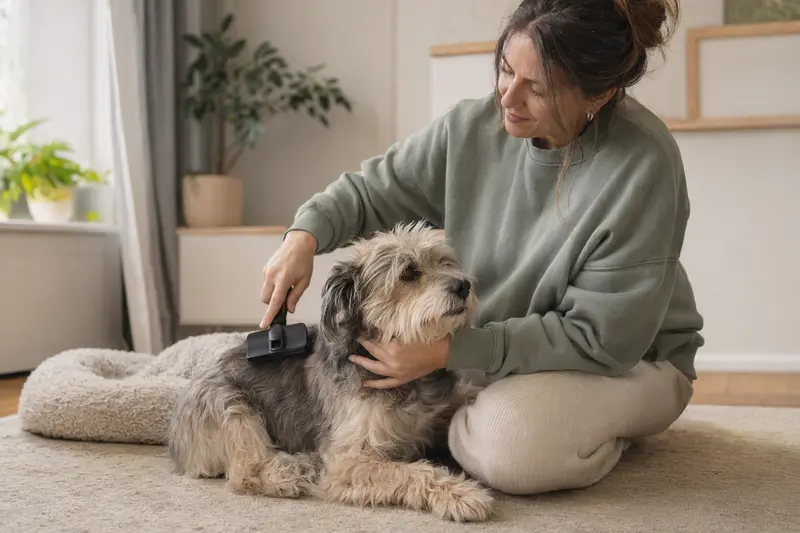 Ein Sapsaree Hund wird in einer hellen Wohnung liebevoll gebürstet und gepflegt, während der Besitzer sanft das Fell versorgt.