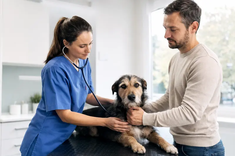 Eine Tierärztin untersucht einen ruhigen Sapsaree Hund mit dem Stethoskop, während der Besitzer in einer modernen Tierarztpraxis beruhigend danebensteht.