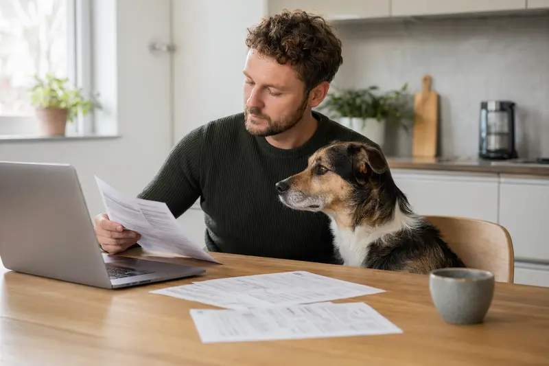 Ein Sapsaree Hund sitzt ruhig neben seinem Besitzer am Küchentisch mit Versicherungsunterlagen und einem Laptop zur Hundekrankenversicherung.