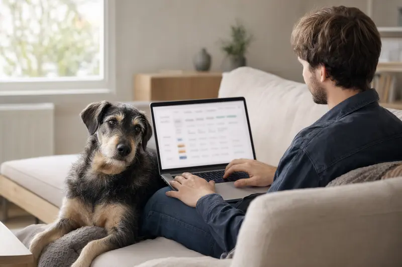 Ein Hundebesitzer sitzt entspannt mit Laptop auf dem Sofa, während ein Sapsaree Hund neben ihm sitzt und der Bildschirm eine neutrale Versicherungsvergleichsoberfläche zeigt.