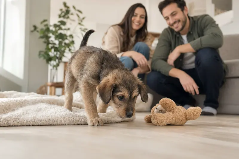 Junger Sapsaree Welpe entdeckt neugierig sein neues Zuhause in einer hellen Wohnung mit weicher Decke und Spielzeug.