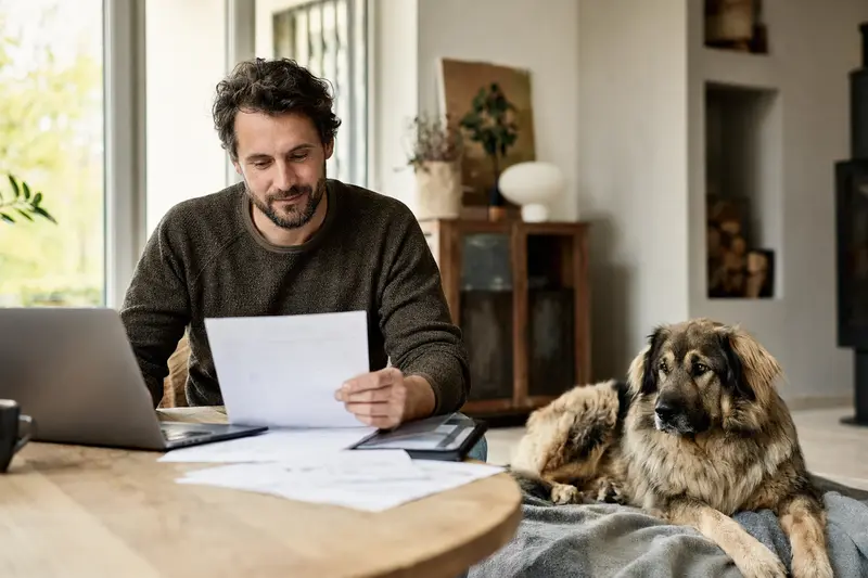 Besitzer sitzt mit einer Tierarztrechnung am Tisch, während ein entspannter Sarplaninac Hund auf einer Decke daneben liegt und das Thema Hundekrankenversicherung ruhig veranschaulicht.