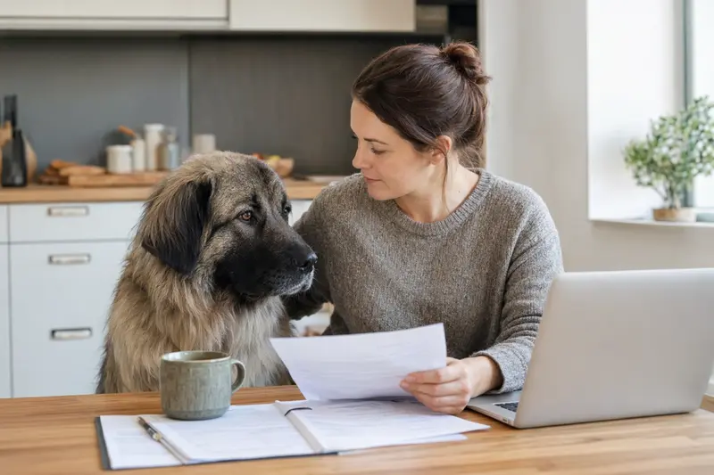 Ein Sarplaninac sitzt ruhig neben seinem Besitzer am Küchentisch mit Versicherungsunterlagen und einem Laptop zur Hundekrankenversicherung.