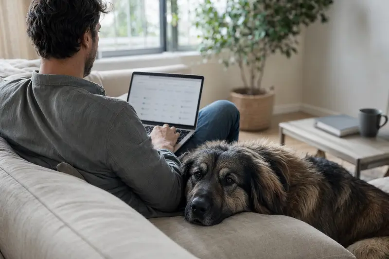 Ein Hund sitzt neben seinem Besitzer, der auf dem Sofa mit einem Laptop die beste Tierversicherung vergleicht.