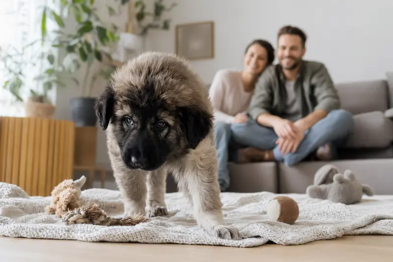 Ein junger Sarplaninac-Welpe erkundet neugierig sein neues Zuhause mit weicher Decke und Spielzeug in einer hellen Wohnung.