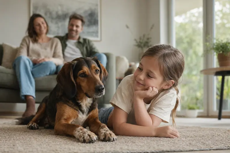Ein freundlicher Sauerländer Bracke Hund liegt entspannt neben einem Kind im hellen Wohnzimmer und vermittelt eine sichere Familienatmosphäre.