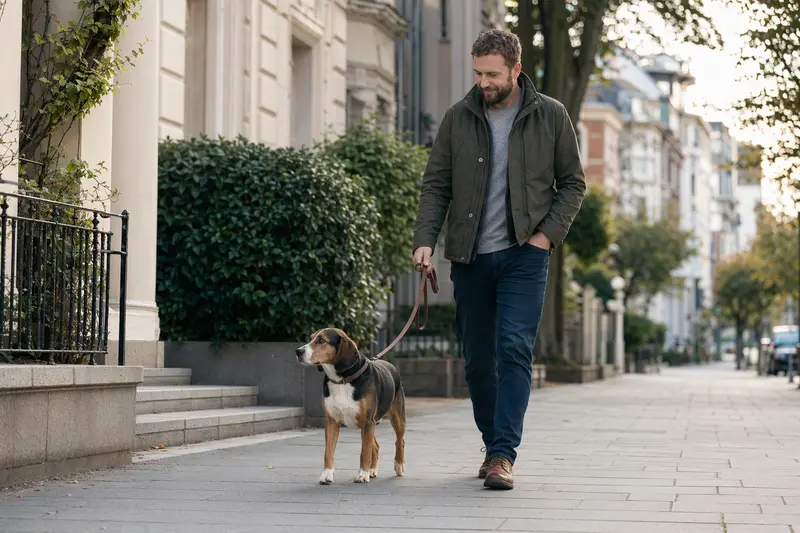 Ein Sauerländer Bracke läuft an der Leine mit seinem Besitzer durch eine moderne Stadtstraße.