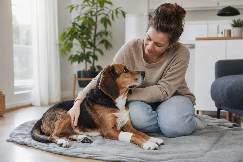 Sauerländer Bracke mit leicht verbundenem Pfötchen liegt ruhig auf einer Decke neben seinem erleichterten Besitzer in einer hellen Wohnung.