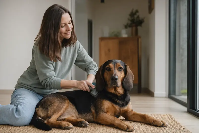 Ein Sauerländer Dachsbracke Hund wird in einer hellen Wohnung sanft gebürstet, während der Besitzer liebevoll das Fell pflegt.
