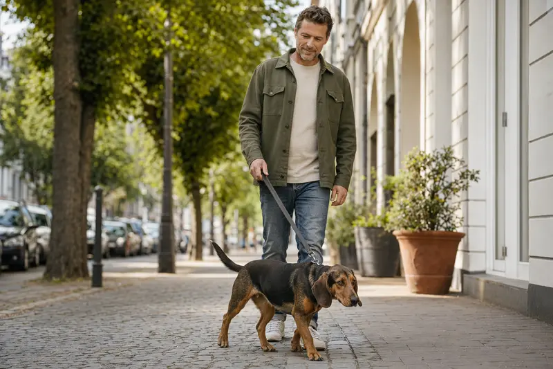 Ein Sauerländer Dachsbracke läuft an der Leine mit seinem Besitzer durch eine freundliche moderne Stadtstraße.