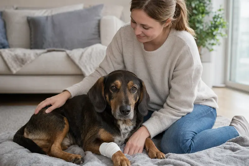Ein Sauerländer Dachsbracke Hund mit leichtem Verband an der Pfote liegt ruhig auf einer Decke, während sein Besitzer neben ihm erleichtert sitzt.