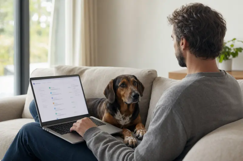 Ein Hundebesitzer sitzt entspannt mit Laptop auf dem Sofa, während eine Dachsbracke neben ihm liegt und auf einen Versicherungsvergleichsbildschirm blickt.