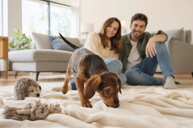 Neugieriger Sauerländer Dachsbracke Welpe erkundet sein neues Zuhause auf einer weichen Decke mit Spielzeug im Vordergrund und liebevoller Familie im Hintergrund.