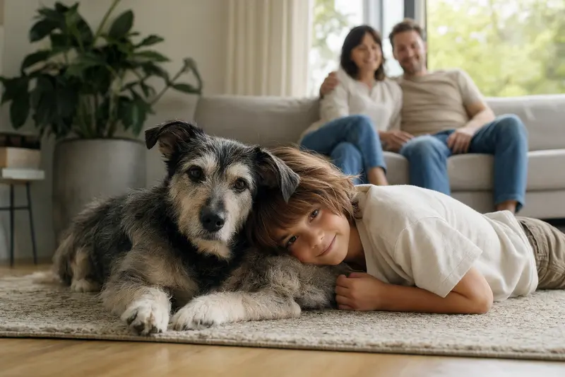 Ein freundlicher Saupacker Hund liegt entspannt neben einem Kind im hellen Wohnzimmer, während die Eltern im Hintergrund eine sichere Familienatmosphäre schaffen.