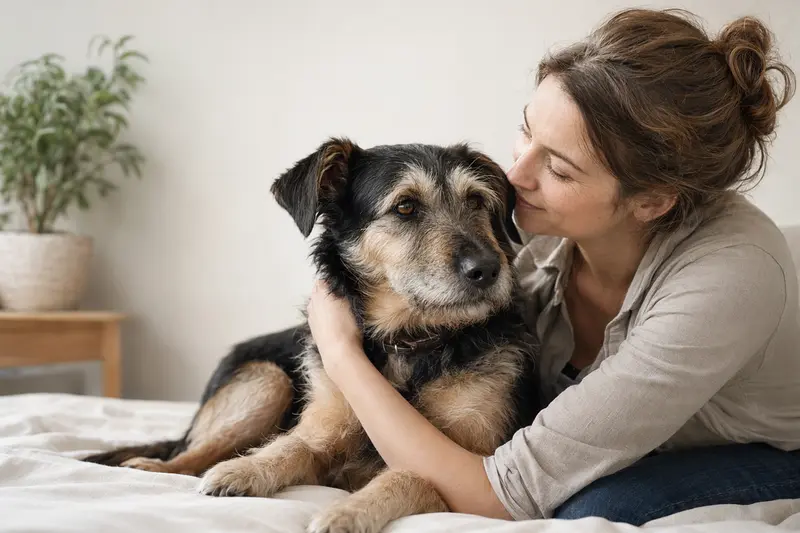 Ein aufmerksamer Saupacker Hund steht in natürlicher Haltung vor hellem Hintergrund und wirkt wie ein hochwertiges, realistisches Tierportrait.