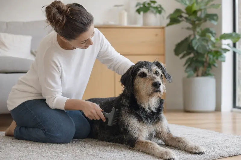 Ein Saupacker Hund wird in einer hellen Wohnung liebevoll gebürstet und gepflegt.