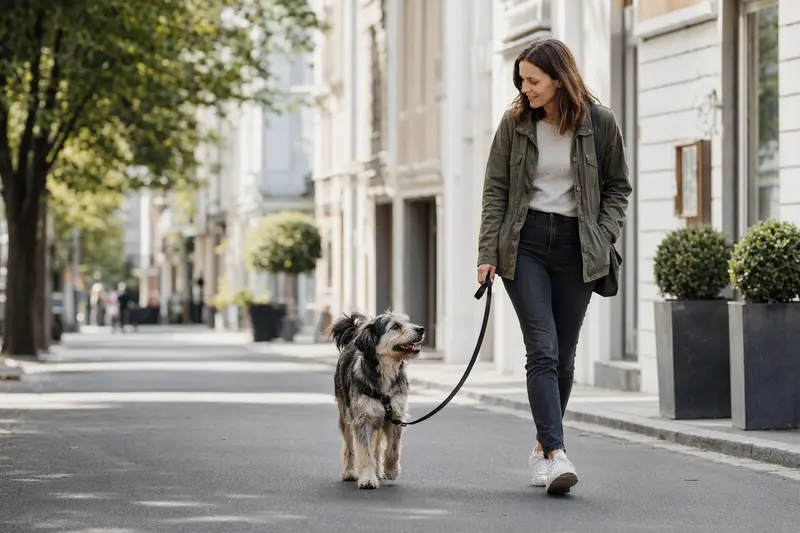 Ein Saupacker-Hund läuft entspannt an der Leine mit seinem Besitzer durch eine saubere moderne Stadtstraße.