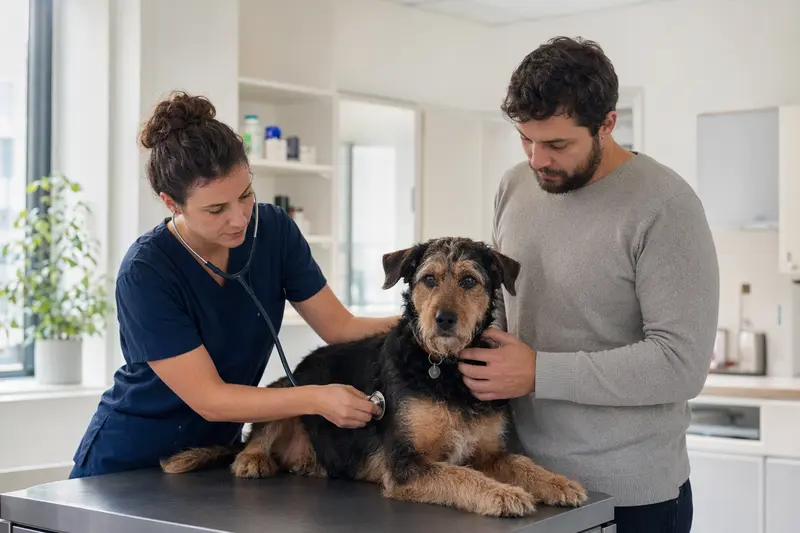 Eine Tierärztin untersucht einen ruhigen Saupacker-Hund mit dem Stethoskop in einer modernen Tierarztpraxis, während der Besitzer beruhigend danebensteht.