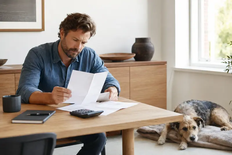 Ein Hundebesitzer sitzt mit einer Tierarztrechnung am Tisch, während ein entspannter Saupacker Hund auf einer Decke liegt und die ruhige Atmosphäre einer hellen Wohnung die Frage nach Tierarztkosten und Absicherung vermittelt.