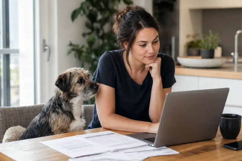 Ein Saupacker Hund sitzt ruhig neben seinem Besitzer am Küchentisch mit Versicherungsunterlagen und einem Laptop auf einer Vergleichsseite für die Hundekrankenversicherung.