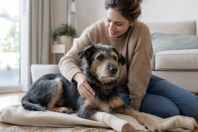 Ein Saupacker-Hund mit leichtem Verband an der Pfote liegt ruhig auf einer Decke, während sein Besitzer erleichtert daneben sitzt.