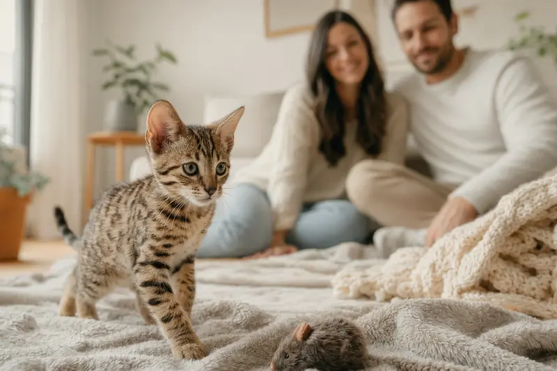 Ein neugieriges Savannah Katzen Kitten erkundet seine neue Umgebung, umgeben von einer liebevollen Familie in einer hellen, freundlichen Wohnung.