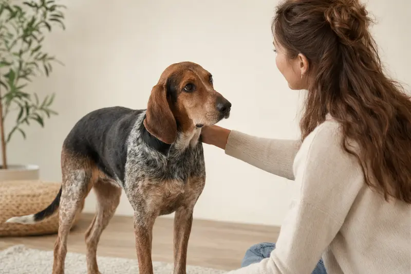 Aufmerksam stehender Save-Bracke Hund im professionellen Portrait vor hellem neutralem Hintergrund.