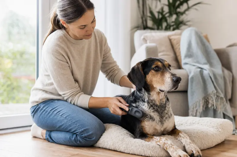 Ein Sava-Bracke Hund wird zuhause von seinem Besitzer sanft gebürstet und gepflegt.