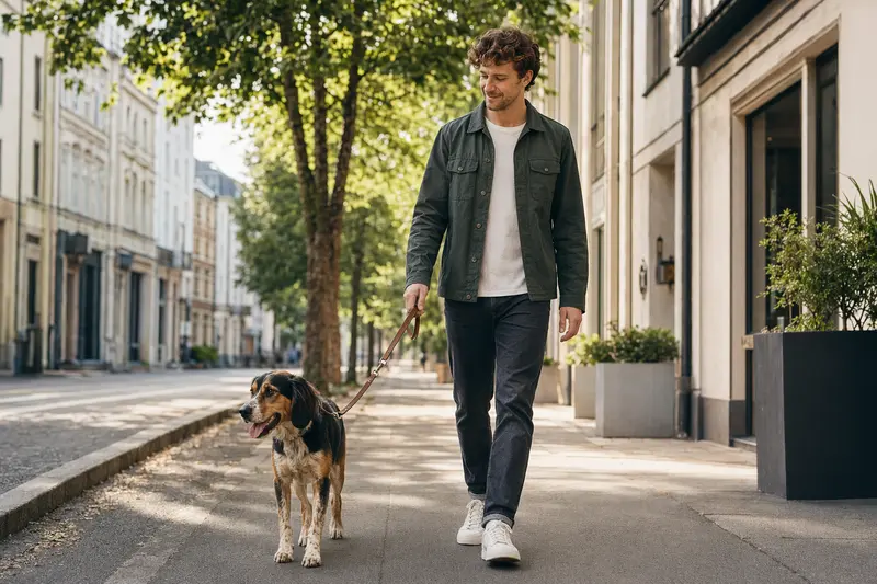 Ein Save-Bracke Hund läuft an der Leine mit seinem Besitzer durch eine moderne Stadtstraße.