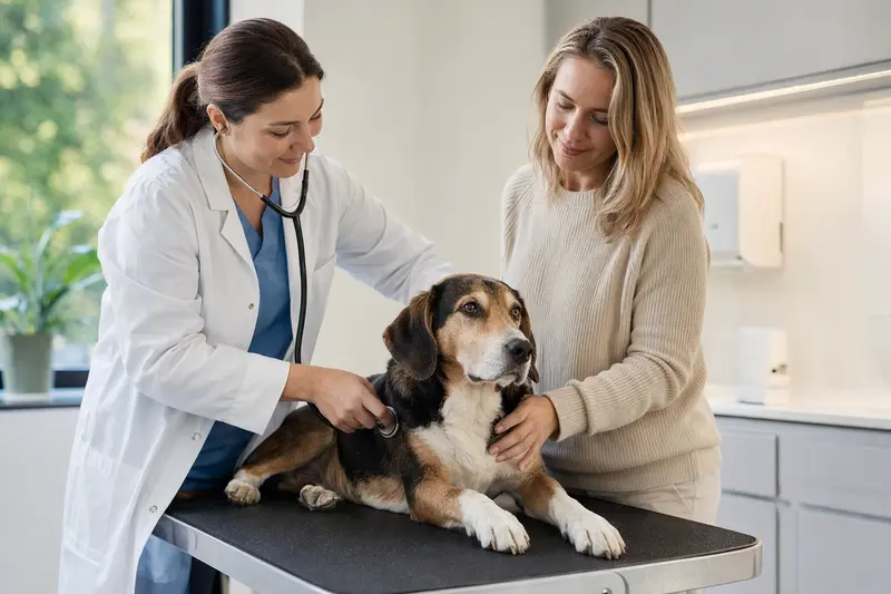 Eine freundliche Tierärztin untersucht einen ruhigen Hund mit dem Stethoskop, während der Besitzer beruhigend danebensteht.
