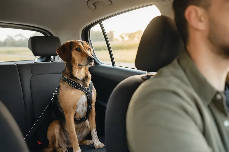 Ein sicher angeschnallter Brackenhund sitzt auf der Rückbank eines Autos, während die Besitzerin ruhig fährt und Sonnenlicht ins Fahrzeug fällt.