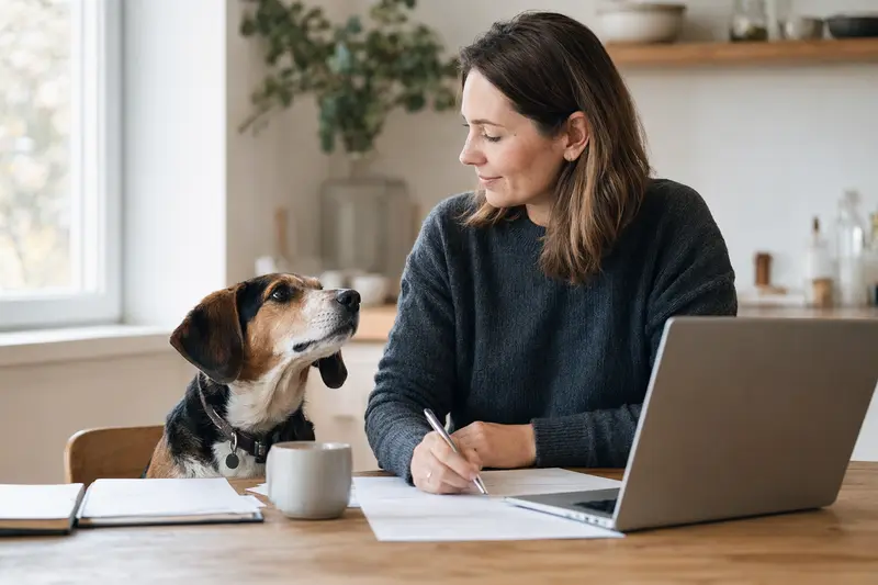 Ein Save-Bracke sitzt ruhig neben seinem Besitzer am Küchentisch, während Versicherungsunterlagen und ein Laptop mit einer neutralen Vergleichsseite die Hundekrankenversicherung zeigen.