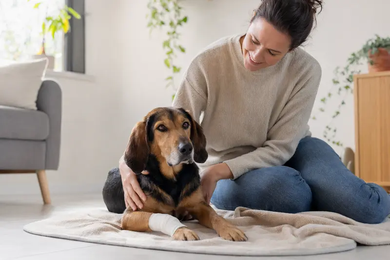 Ein Save-Bracke Hund mit leicht bandagierter Pfote liegt ruhig auf einer Decke, während sein Besitzer erleichtert neben ihm sitzt.