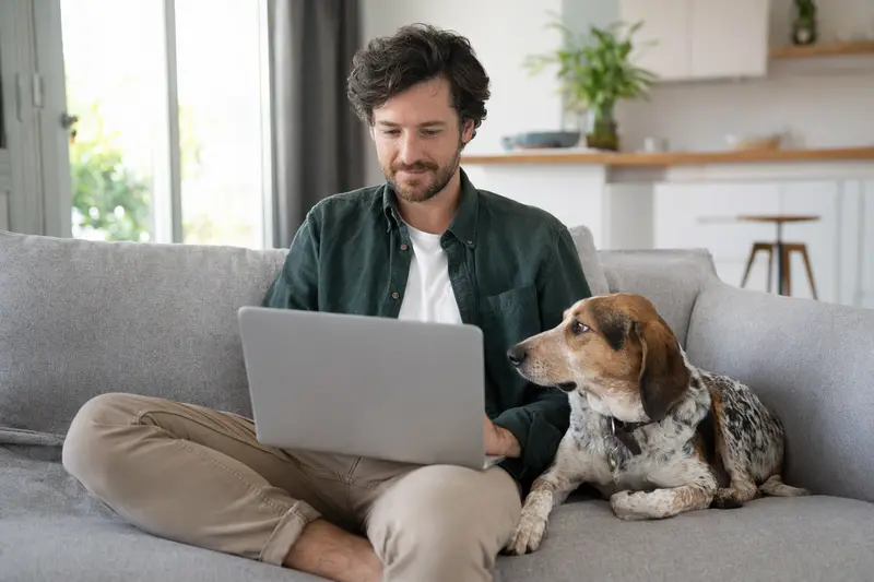 Ein Hundehalter sitzt entspannt mit einem Laptop auf dem Sofa, während ein freundlicher Bracke neben ihm liegt und ein Versicherungsvergleich auf dem Bildschirm sichtbar ist.