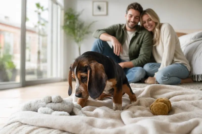 Junger Save-Bracke-Welpe entdeckt neugierig sein neues Zuhause mit weicher Decke und Spielzeug in einer hellen Wohnung.