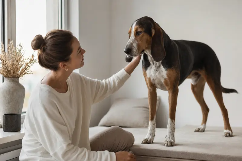 Ein aufmerksamer Savetal Bracke Hund steht in natürlicher Haltung vor hellem Hintergrund.